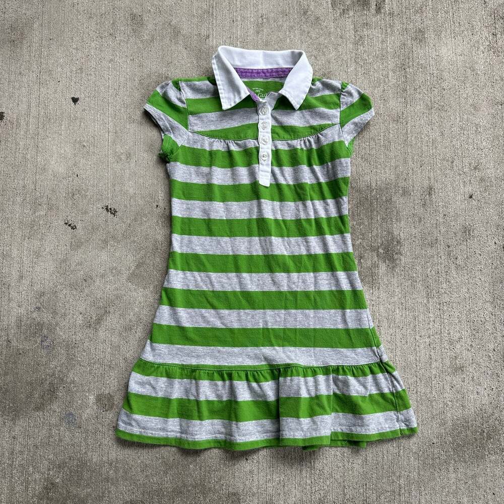 Faded Glory Girls Green and Gray Striped Polo Dress with Ruffle Hem